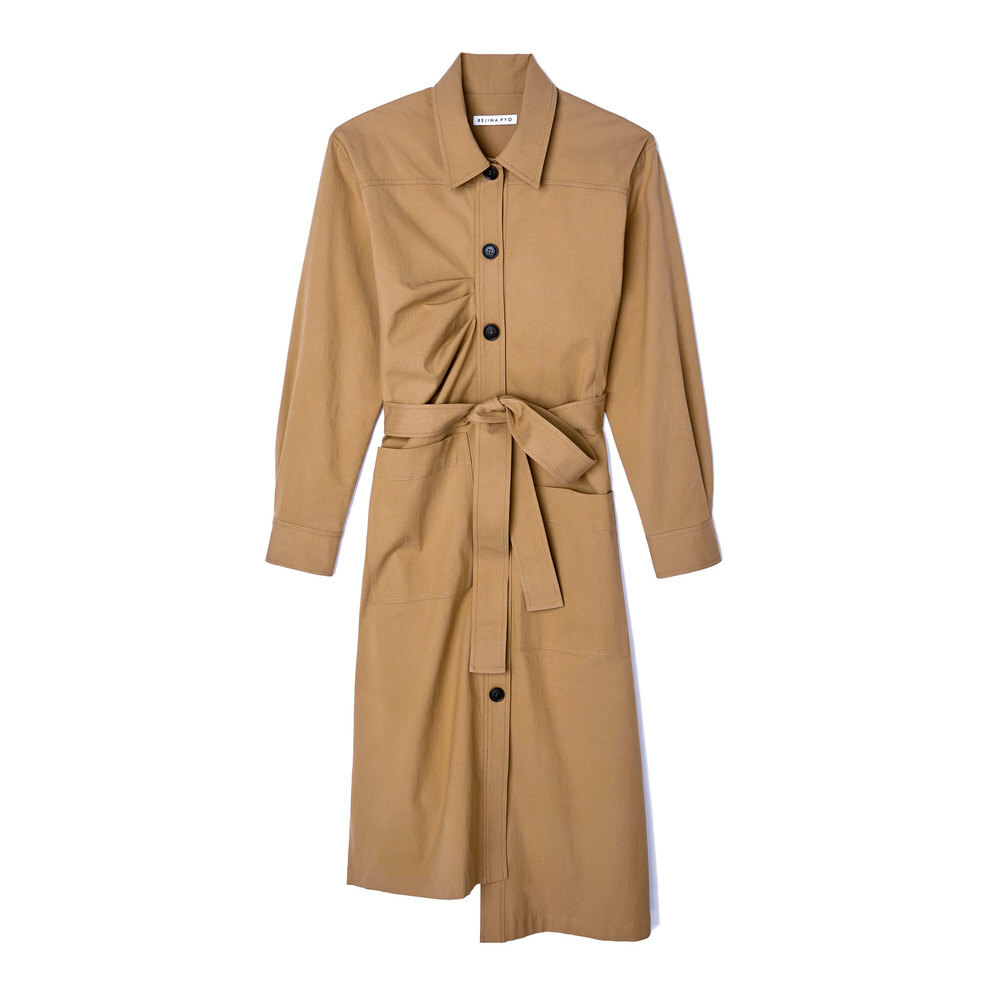 REJINA PYO Sand Gaberdine Cotton Trench Coat Belted Button Shirt Dress L 12/14