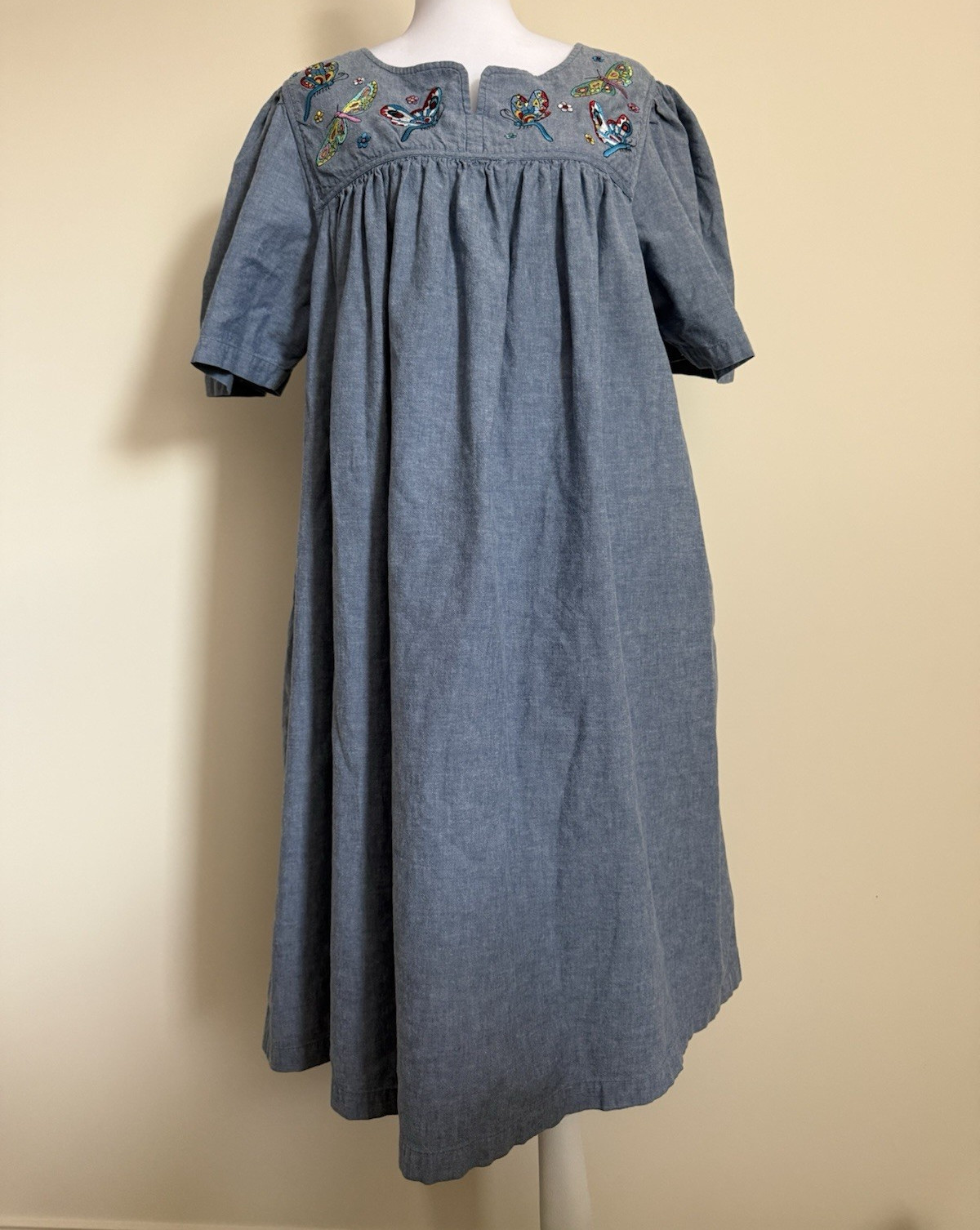 Go Softly Patio Blue Chambray Embroidered Butterfly Babydoll Pocket Midi Dress L
