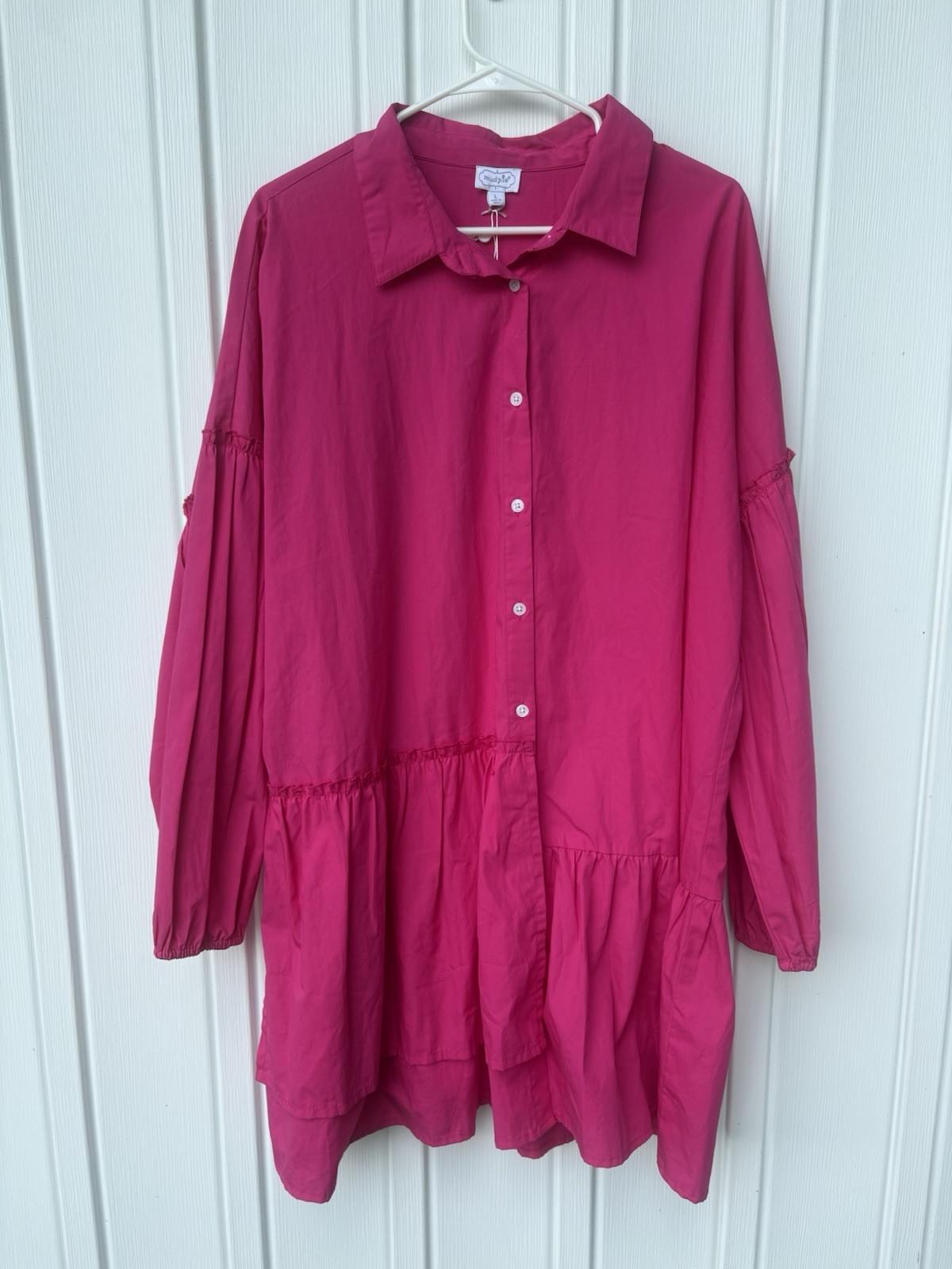 Mud Pie Mary Hot Pink Cotton Poplin Asymmetrical Tiered Ruffle Shirt Dress NWT