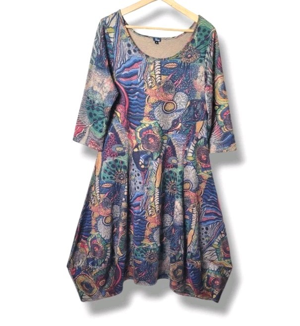 Shana Boho Bubble-Hem Midi Dress Small Lagenlook 3/4 Sleeve Stretch Artsy