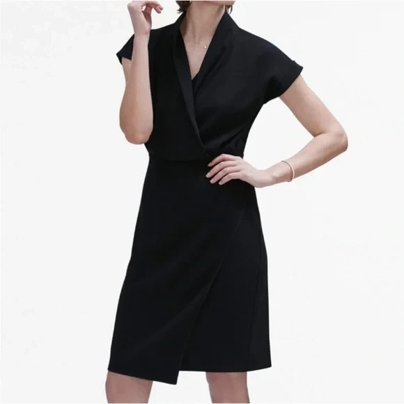 MM LAFLEUR Women V Neck Cap Sleeve Faux Wrap Tory Dress Sz 12 Black 43-10