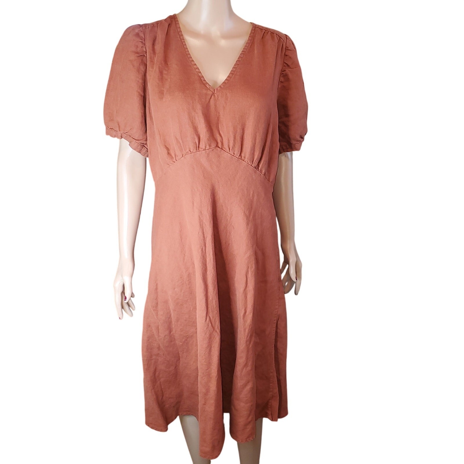 Linen ID Empire Waist Midi Dress Rust Terracotta Puff Sleeve Lithuania L/XL