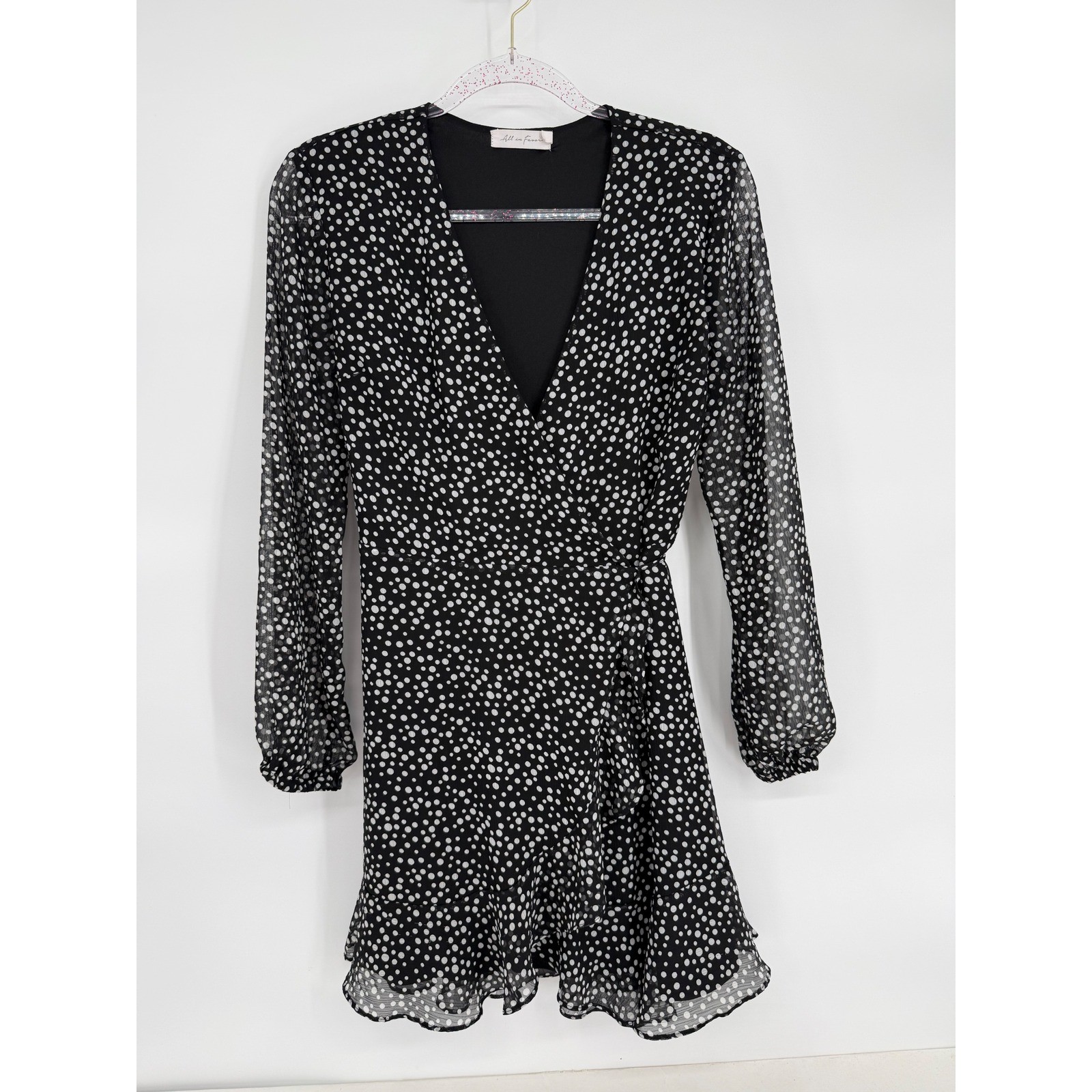 All in Favor Black Dotted Wrap Ruffle Hem Mini Dress Size S