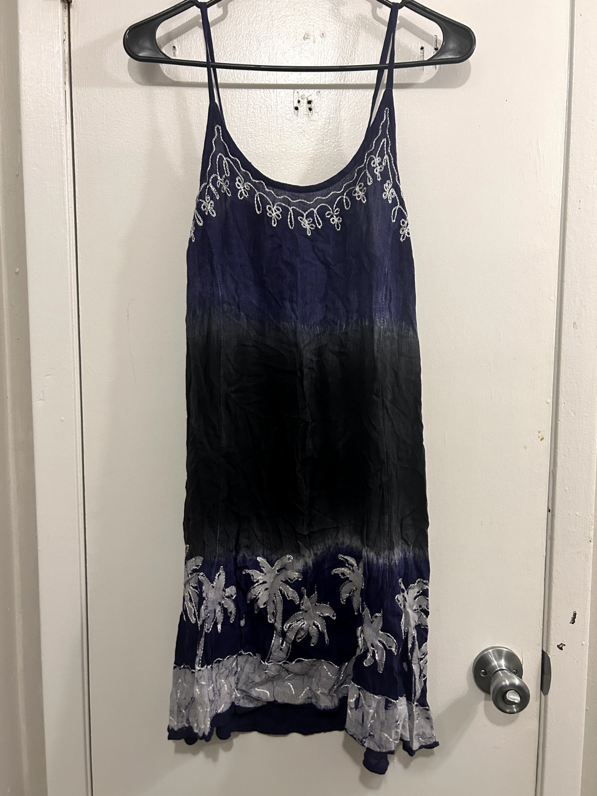 India Botique Navy Blue/Black Dress W/ White Embroidery Palm Trees, “Free Size”