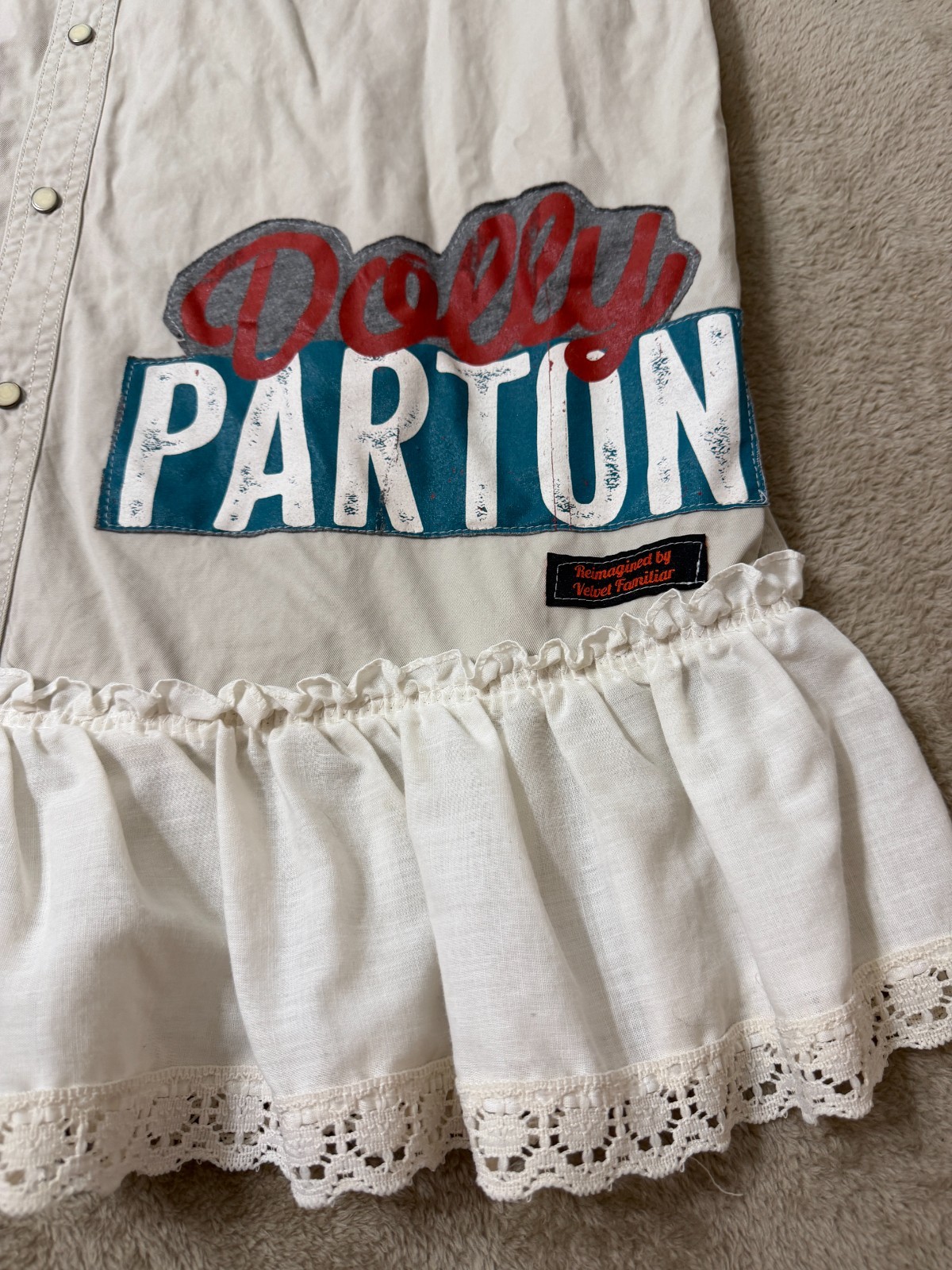Dolly Parton Lace Ruffle Western Shirt Dress Women’s XL Upcycled Velvet Familiar