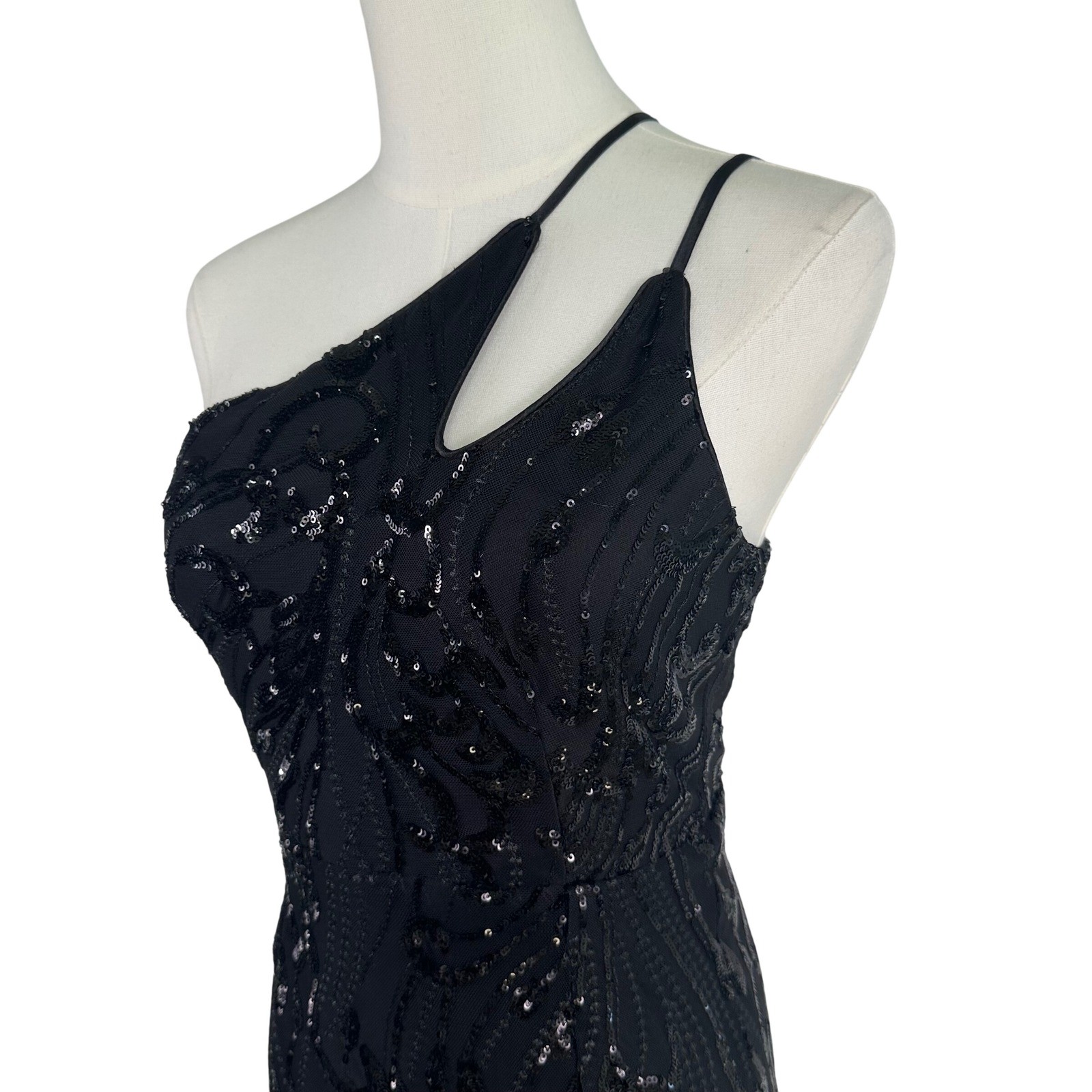 Lulus Black Sequin One Shoulder Mini Dress Womens Size M Bodycon Cocktail Slit
