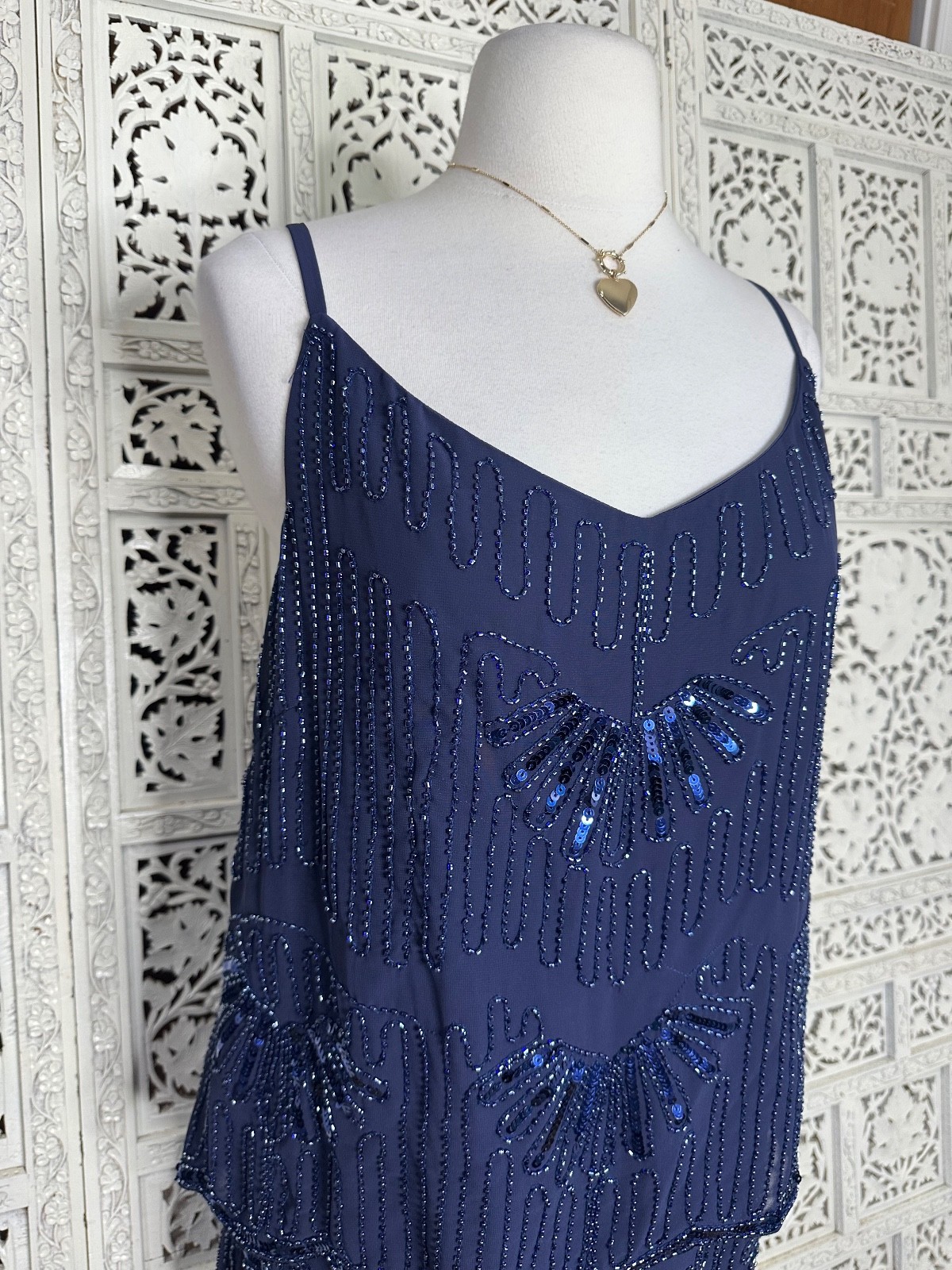 Laundry Shelli Segal Navy Blue Beaded Fairy Core Tiered Flapper Cocktail Dress