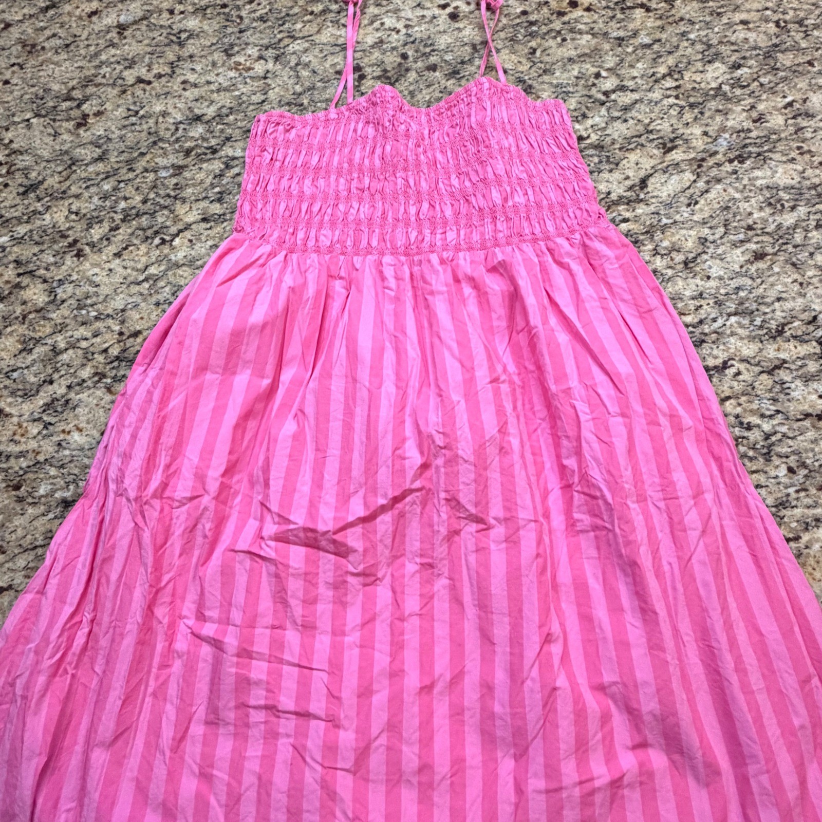 A New Day Pink Striped Smocked Midi Dress Tie Strap Pockets Womens Large