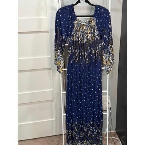 Seven Islands Navy Floral Smocked Square Neck Bell Sleeve Maxi Dress XL Festival