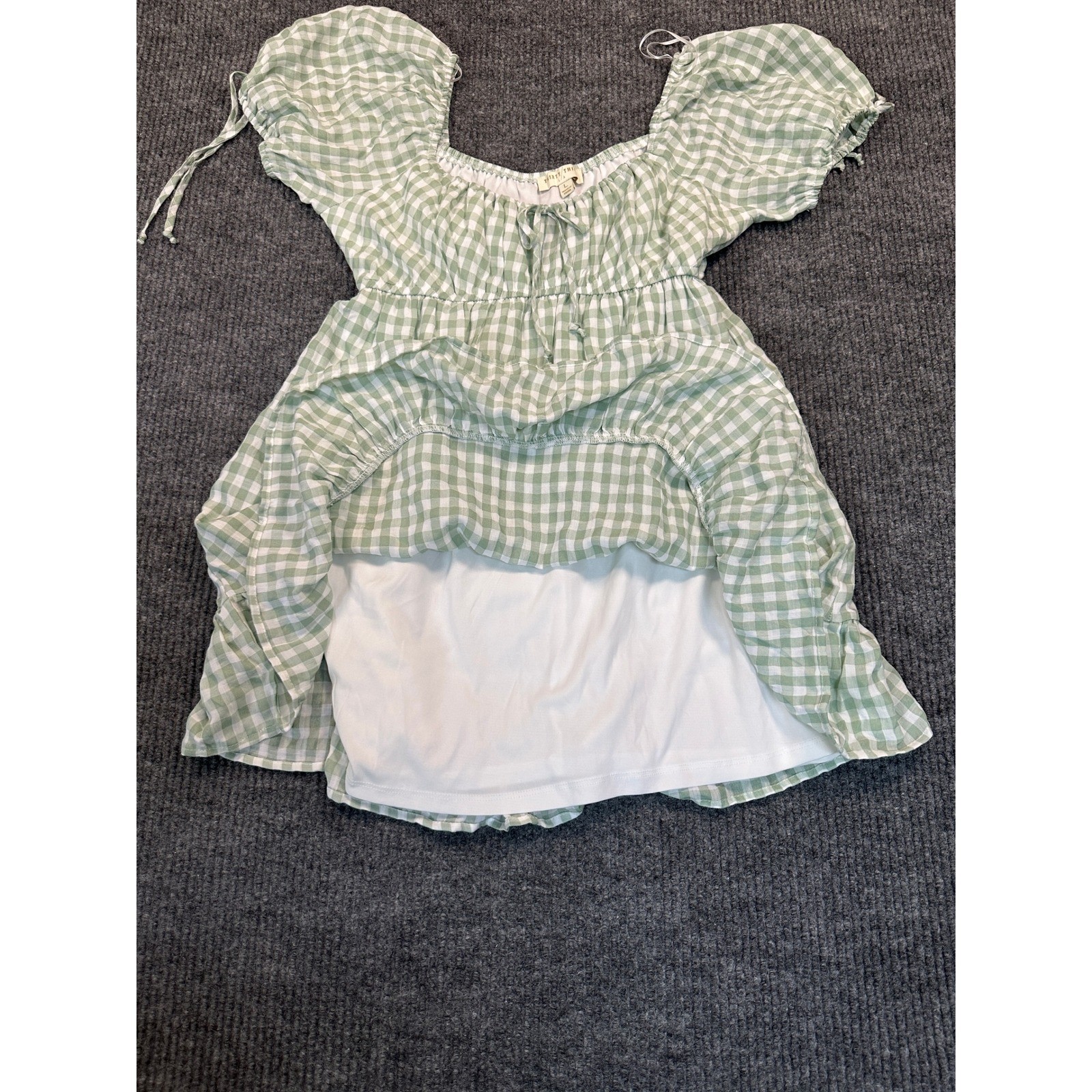 Thirty Third L/A Gingham Mini Dress Large Green White Puff Sleeve Cottagecore