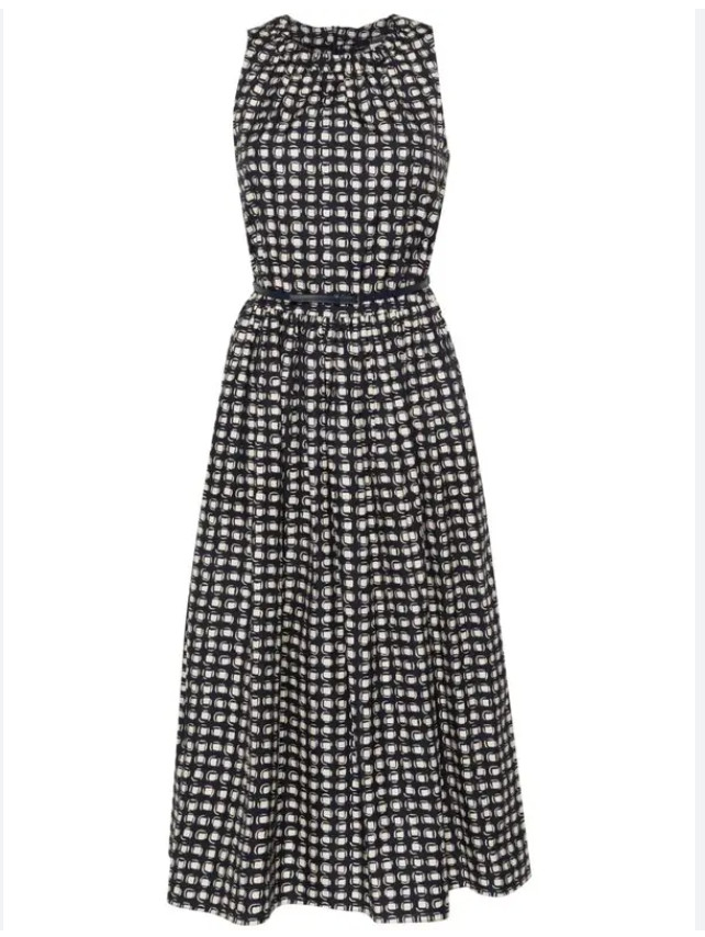MaxMara Navy/Cream Gina Fit & Flare Geo Pattern Poplin Dress Size US 6