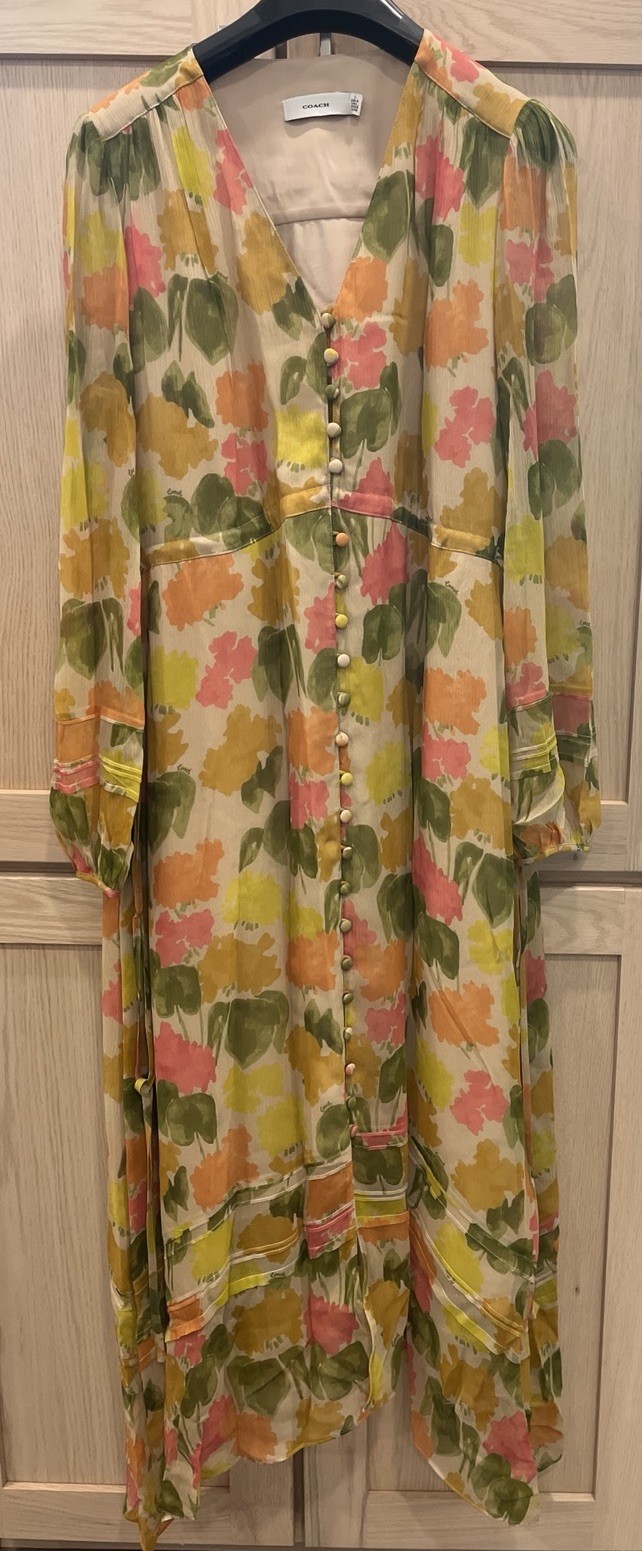 Coach Floral Button Down Front Silk Sheer Long Sleeve Fitted Dress Size 0