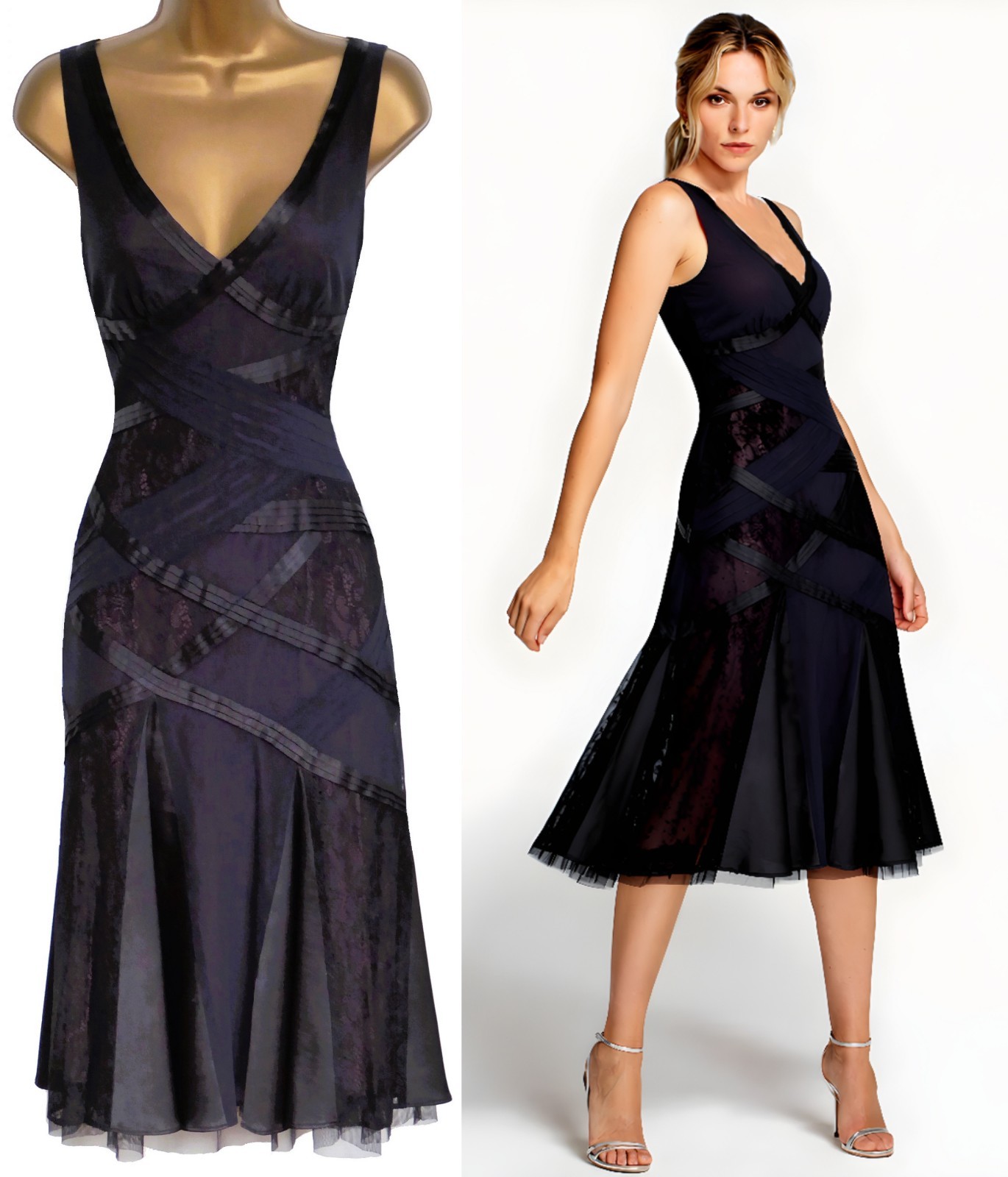 KAREN MILLEN ❤ VINTAGE BLACK SATIN MESH LACE COCKTAIL FIT FLARE DRESS ❤ UK 12