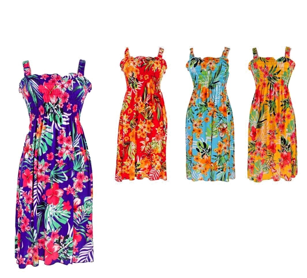 Womens Floral Print Dress Smocked Sundresses Sleeveless M L XL XXL