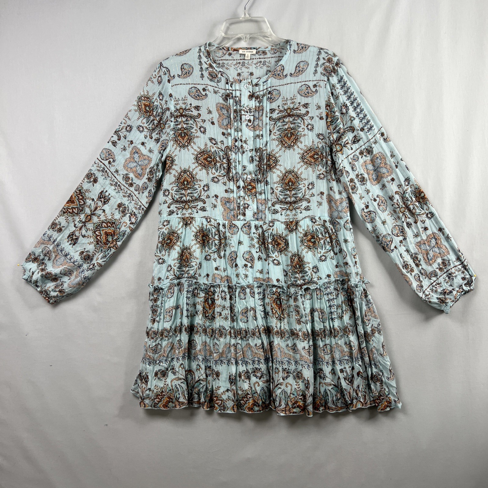 En Creme Babydoll Mini Dress Womens S Paisley Boho Metallic flowy Ruffled Tiered