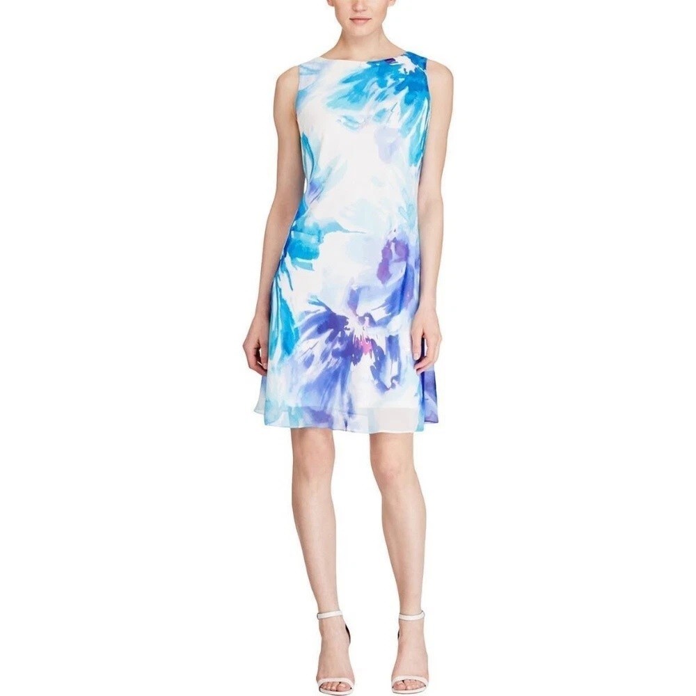 AMERICAN LIVING Floral Tie Dye Printed Sleeveless Shift Mini Dress, 2 Blue