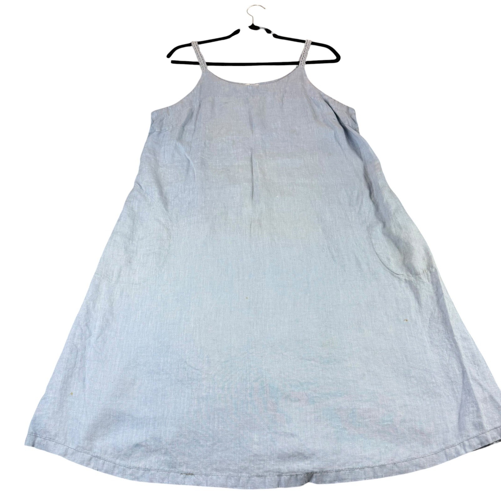 Kleen Blue Linen Midi Dress Crochet Straps Pockets Sleeveless A-Line L