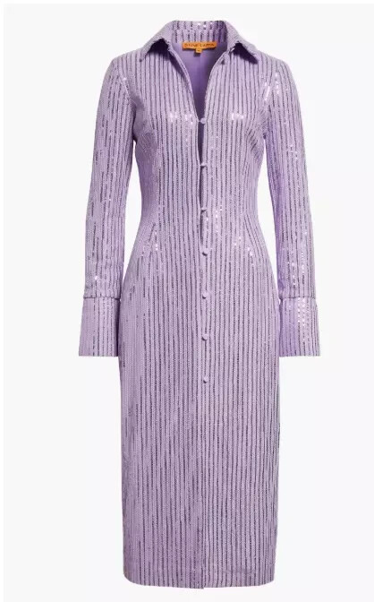 Stine Goya Lavender Purple Sonja Sequin Button-Up Midi Shirtdress Small $465