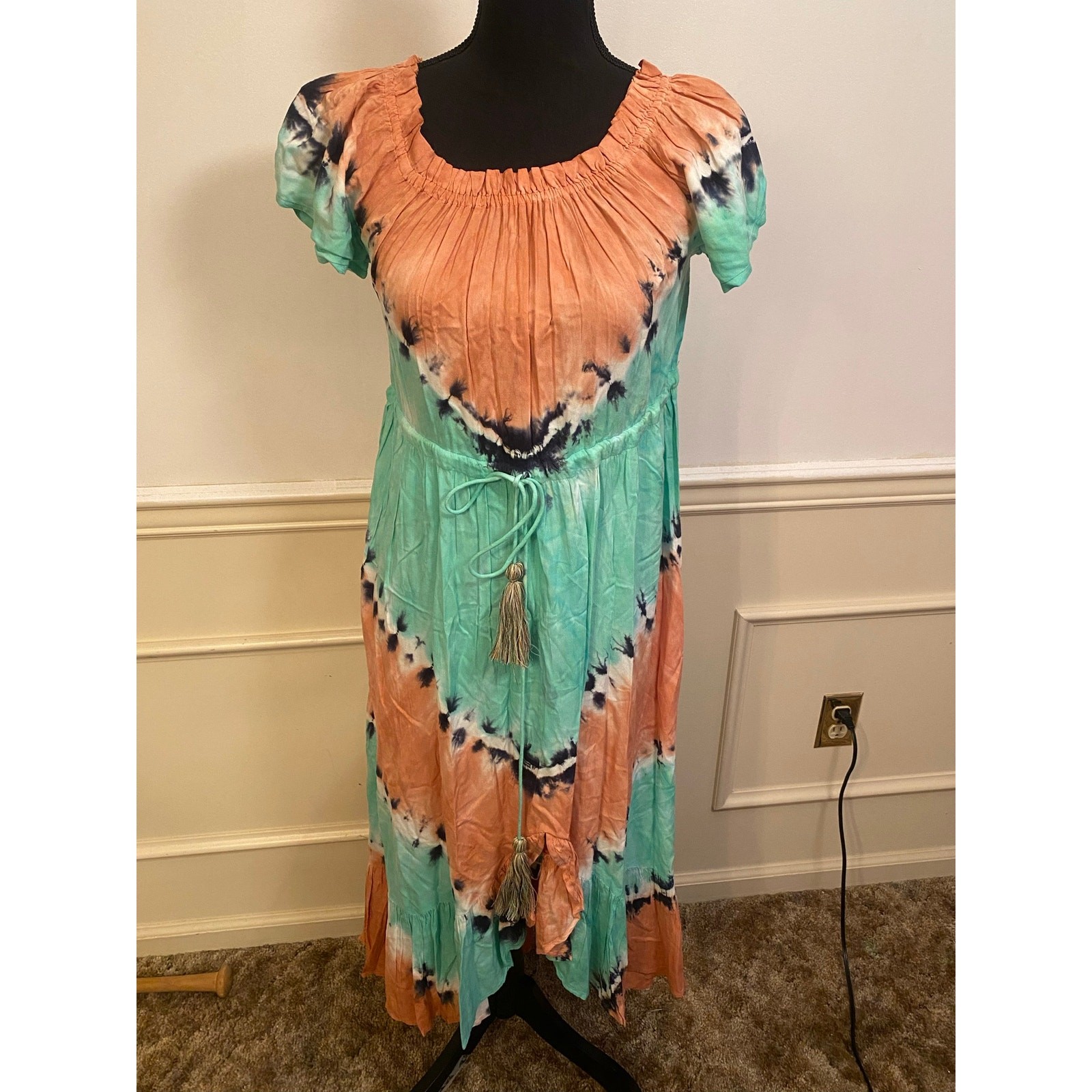 Boho Tie-Dye High-Low Dress in Peach and Aqua with Tassel Waist Pleated
