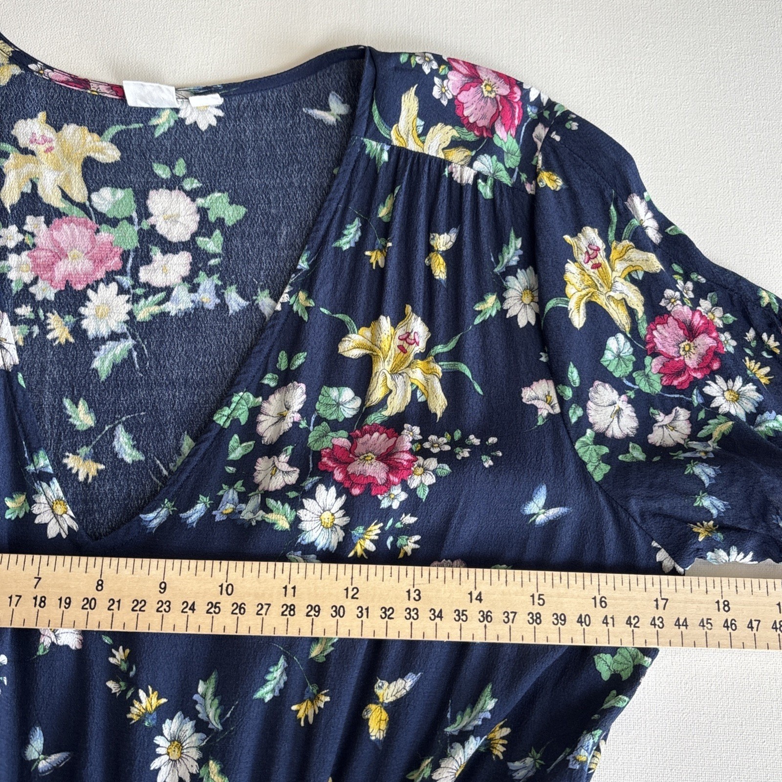 GAP Womens Navy Floral Butterfly V-Neck Midi Dress Short Sleeve Tie Detail M