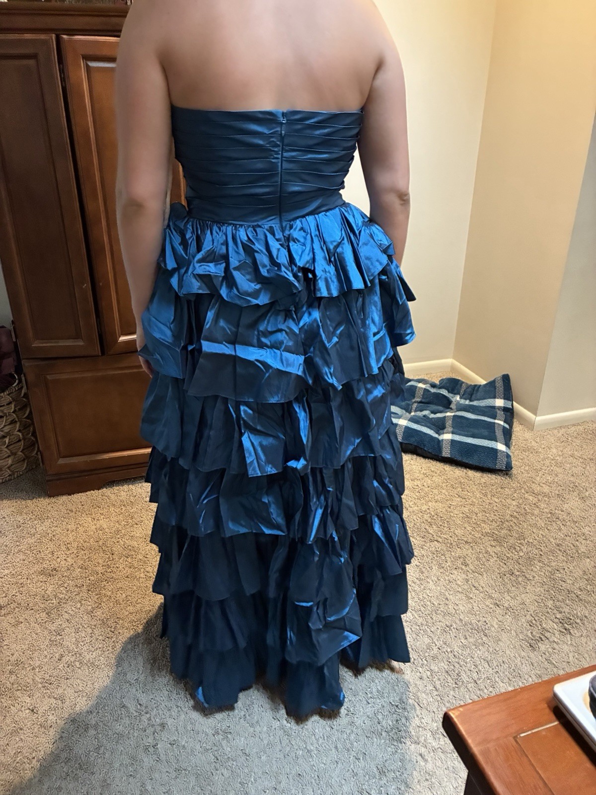 Women’s Strapless Blue Solid Ruffle Layered Asymmetric Long Gown Dress 10