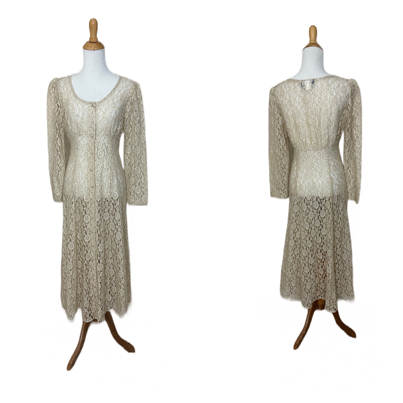 Vtg 70s 80s Dawn Joy Sheer Lace Dress Button Up Festival Cottagecore Sz 5/6