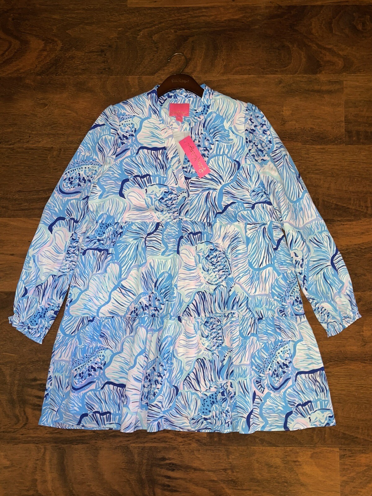 Lilly Pulitzer LARGE Blue Fishful Thinking WINONA SWING DRESS Lileeze Tiered NWT
