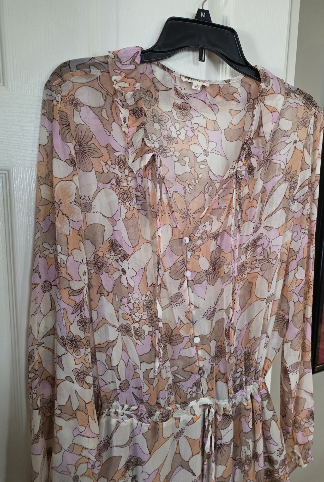 For Love & Lemons Pink Neutral Floral Sheer Mini Drawstring Waist Dress Large
