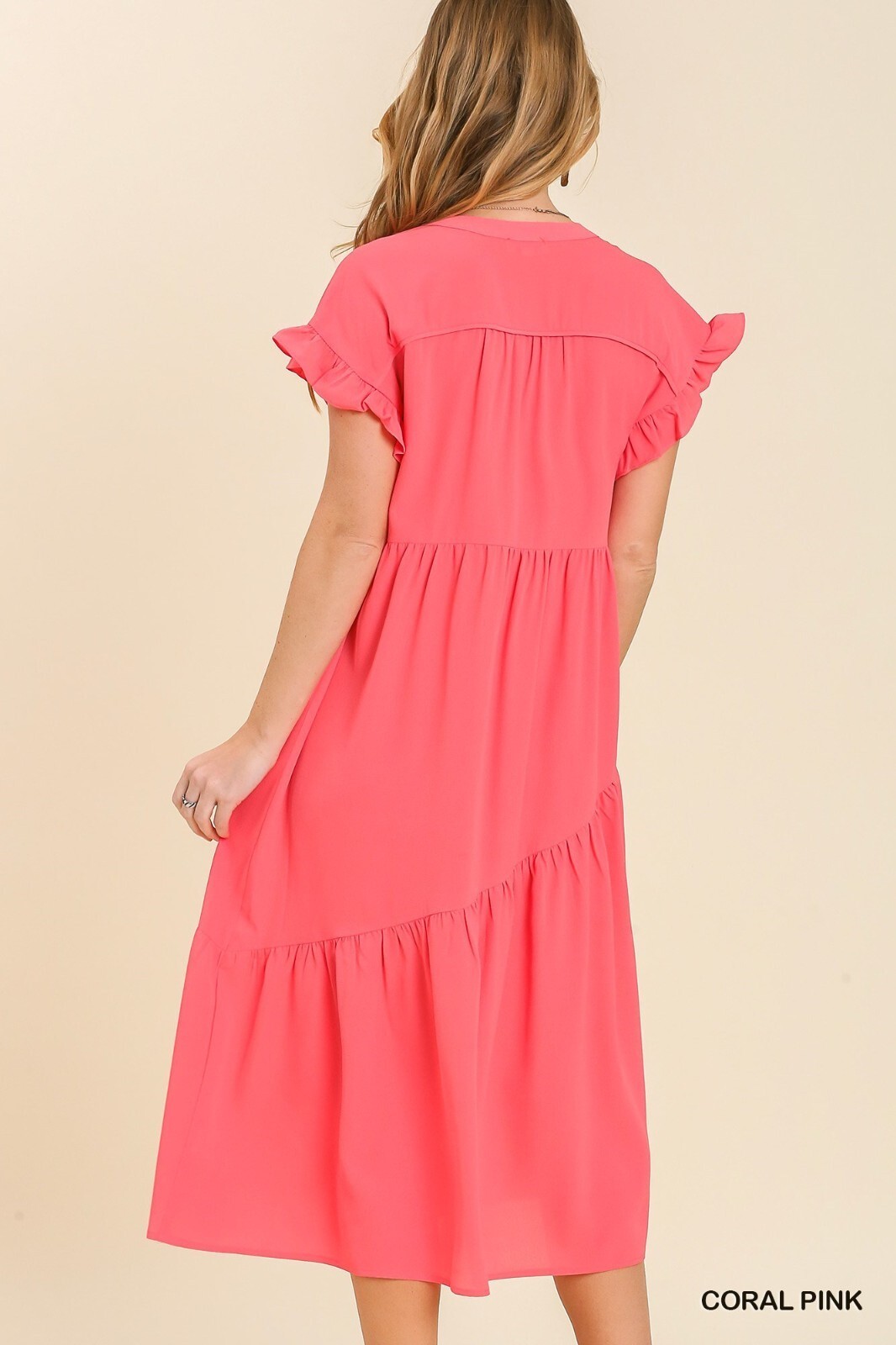 Umgee Coral Pink V-Neck Diagonal Tiered Long Button Up Dress with Ruffle Trim