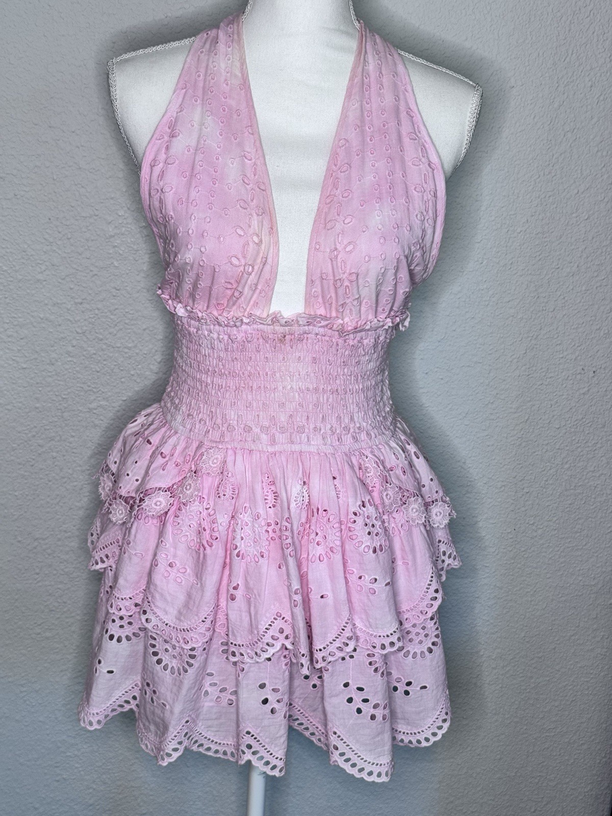 Love Shack Fancy Deanna Halter Dress Pink Size XS Eyelet Ruffle Cotton Summer