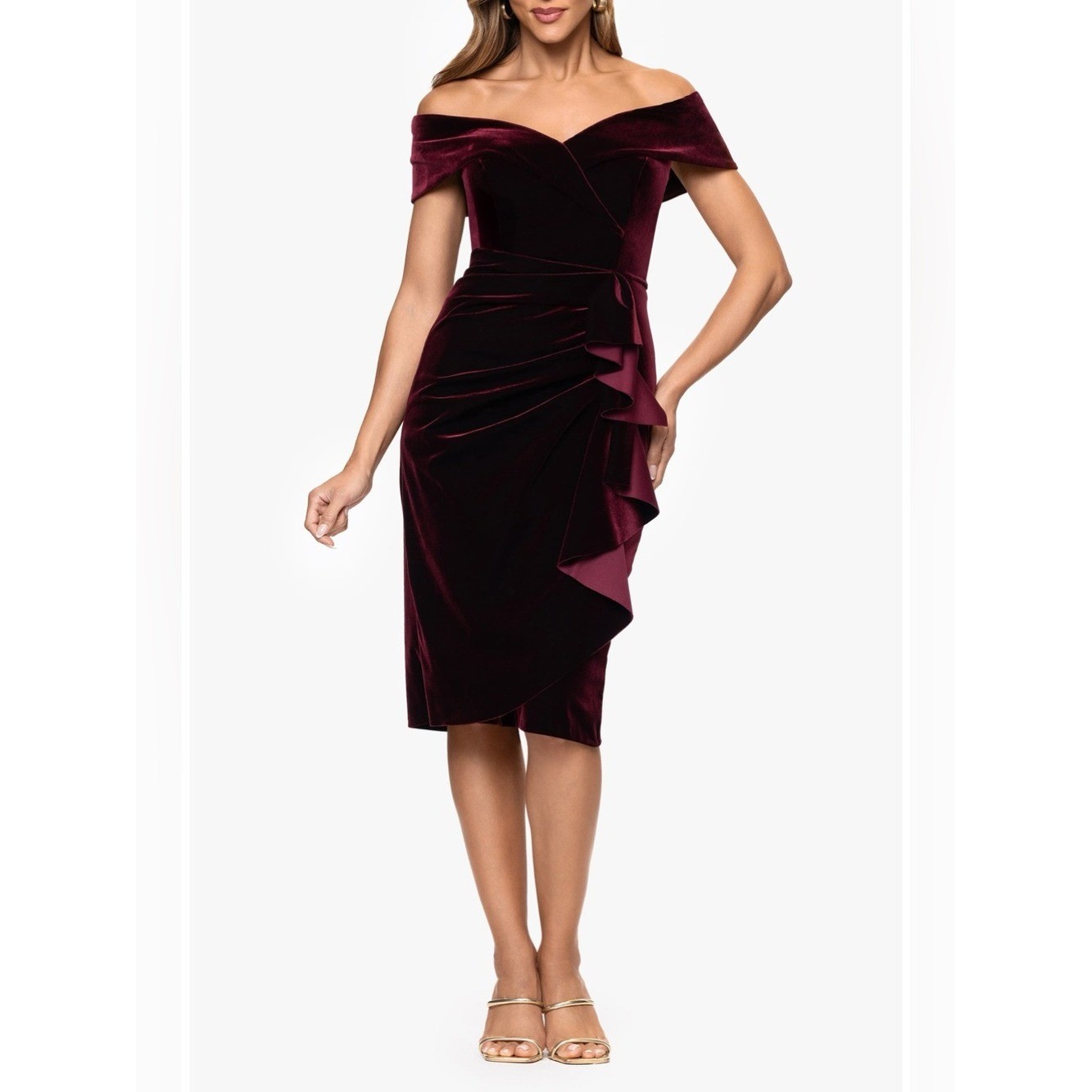 Xscape NEW Ruched Ruffle Off the Shoulder Velvet Cocktail Dress Burgundy