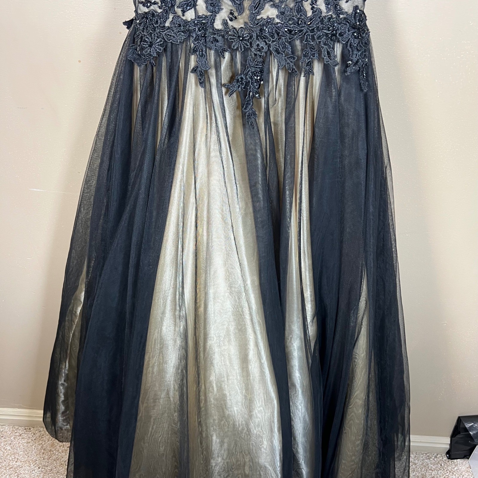 Bicici & Coty Black Gold Beaded Lace Tulle Formal Gown Prom Dress CC71138 XS