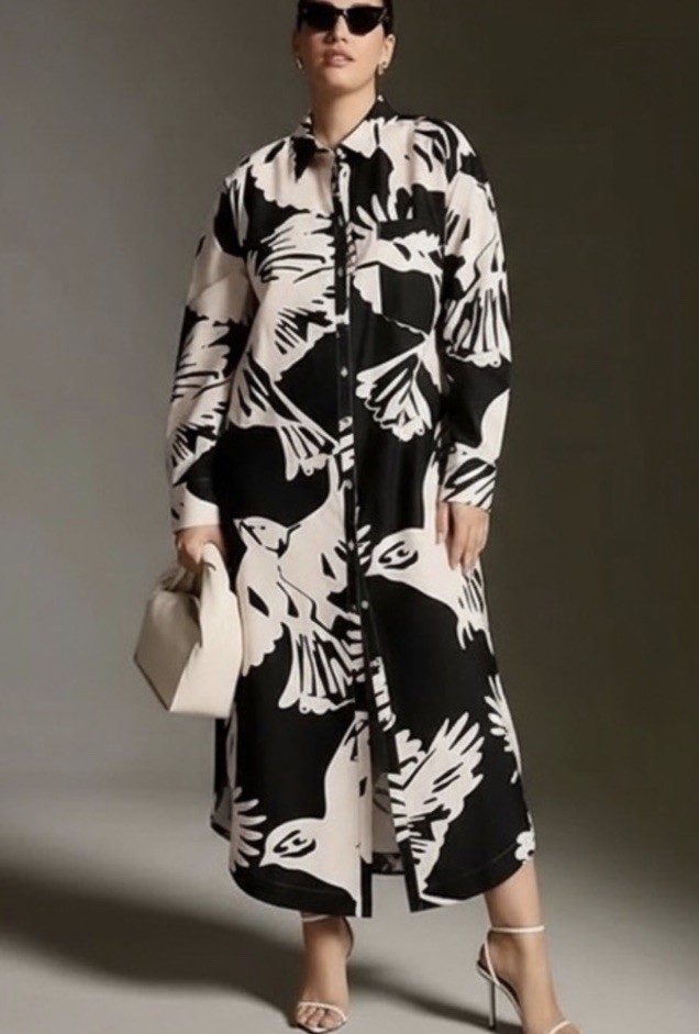 Anthropologie Maeve Soren Long Sleeve Shirt Dress Medium Bird Print 100% Cotton