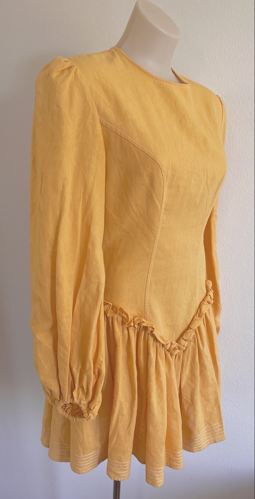 LEO LIN Mini Dress Yellow Pastel Orange Cotton Linen balloon Sleeves SZ AU 10 M