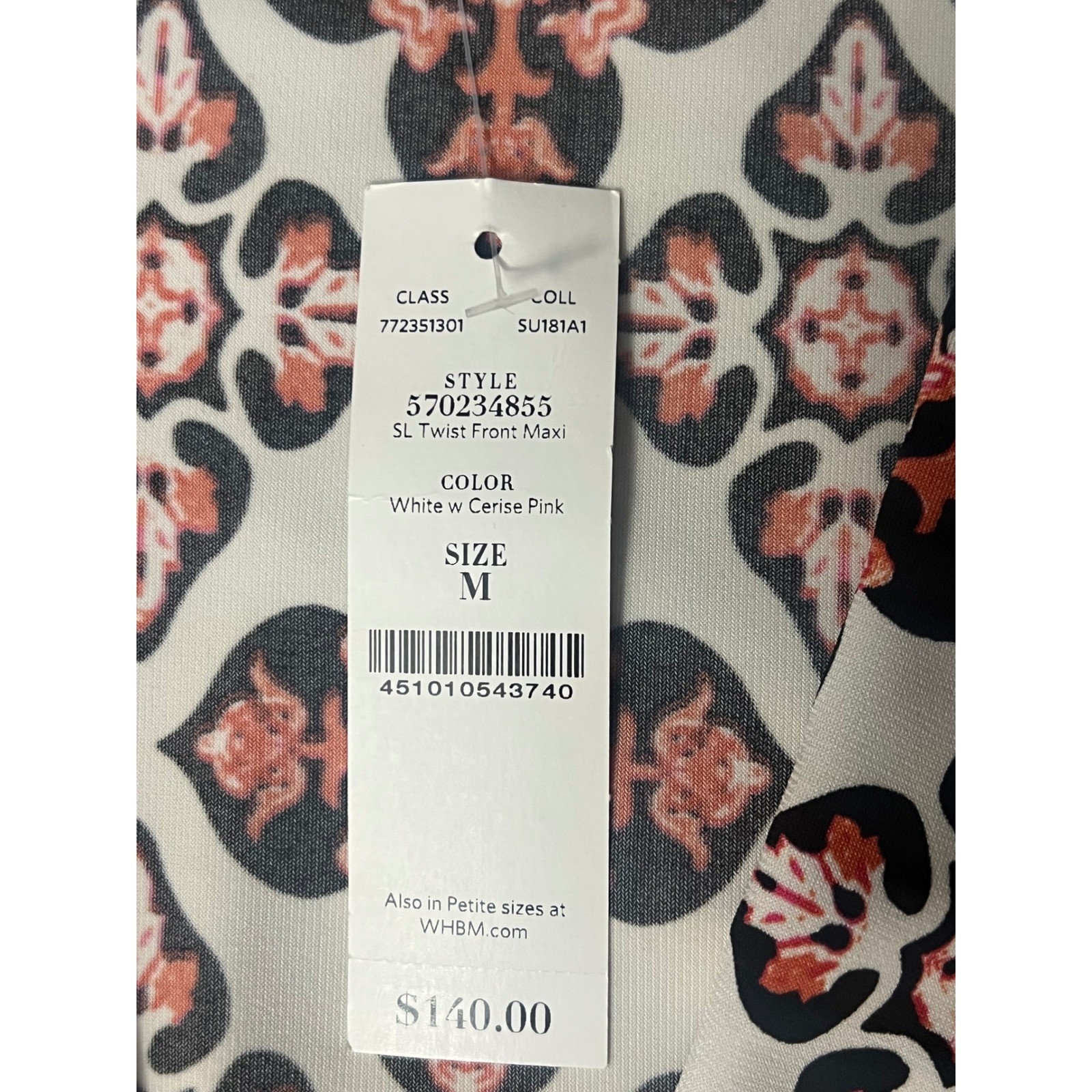 NWT White House Black Market Twist Front Maxi Dress M Pink Black $140 WHBM