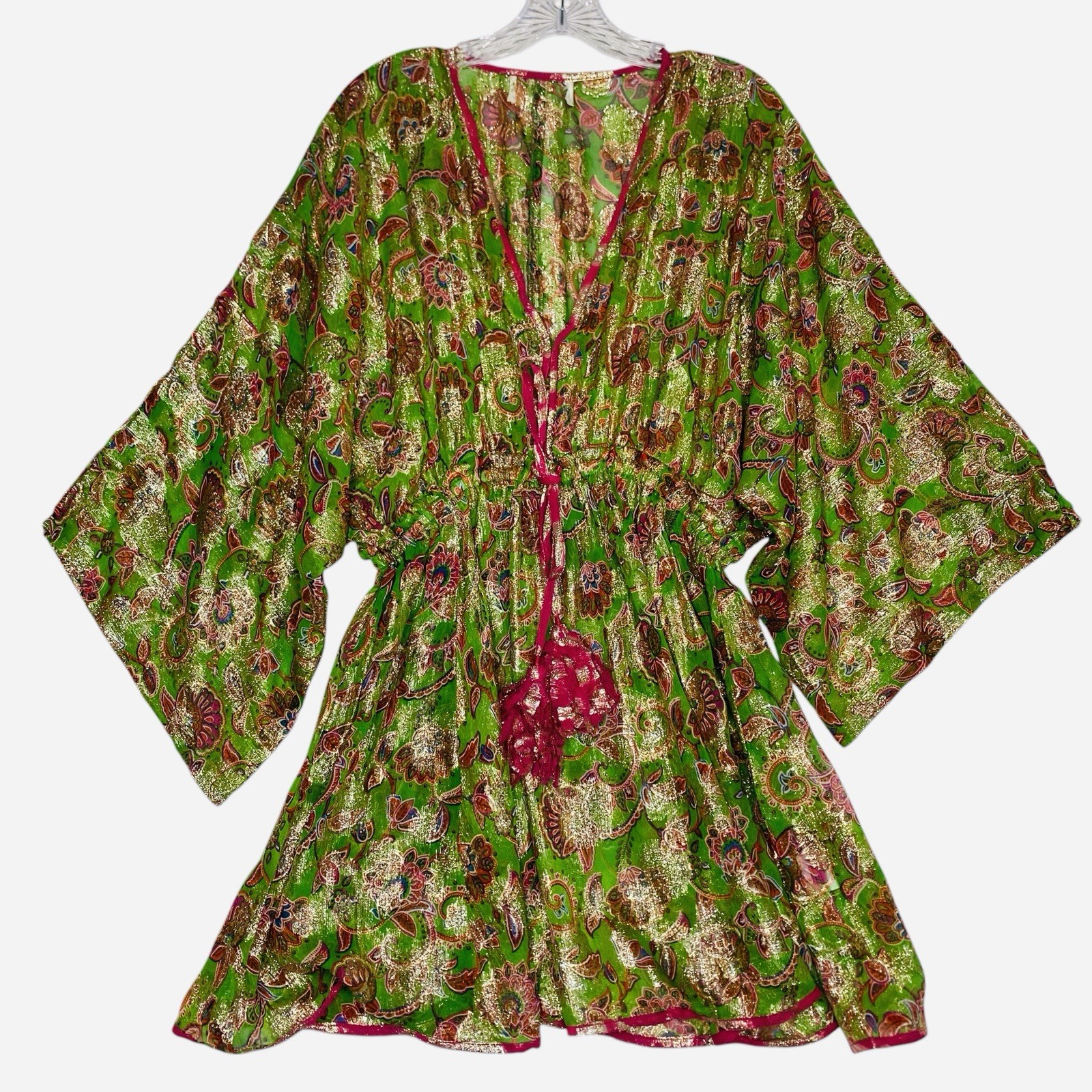 Miss June Paris Mini Dress Tunic Cover Up OS Green Gold Resort Kaftan Tassel