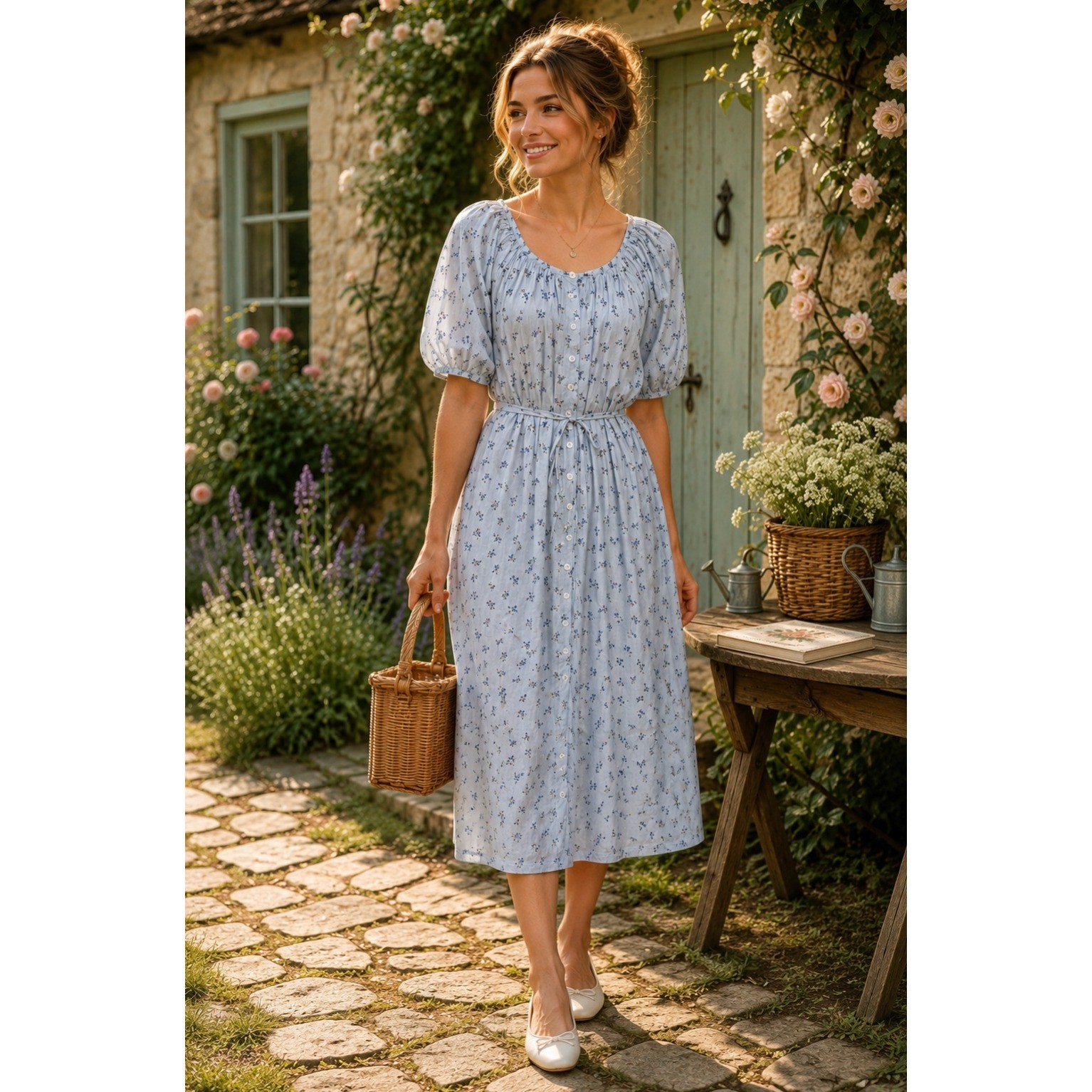 ROOLEE Wandering Free Blue Floral Dress Midi Tie Waist Buttons Raglan Small