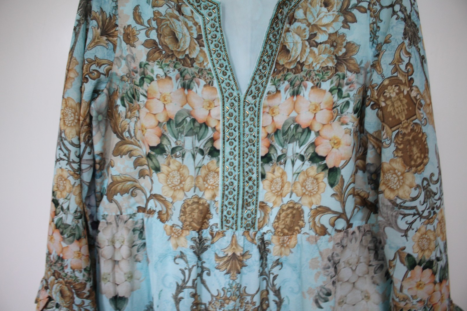 Soft Surroundings Blue Gold Floral Baroque Bead V-Neck Tier Maxi Dress M SUPERB!