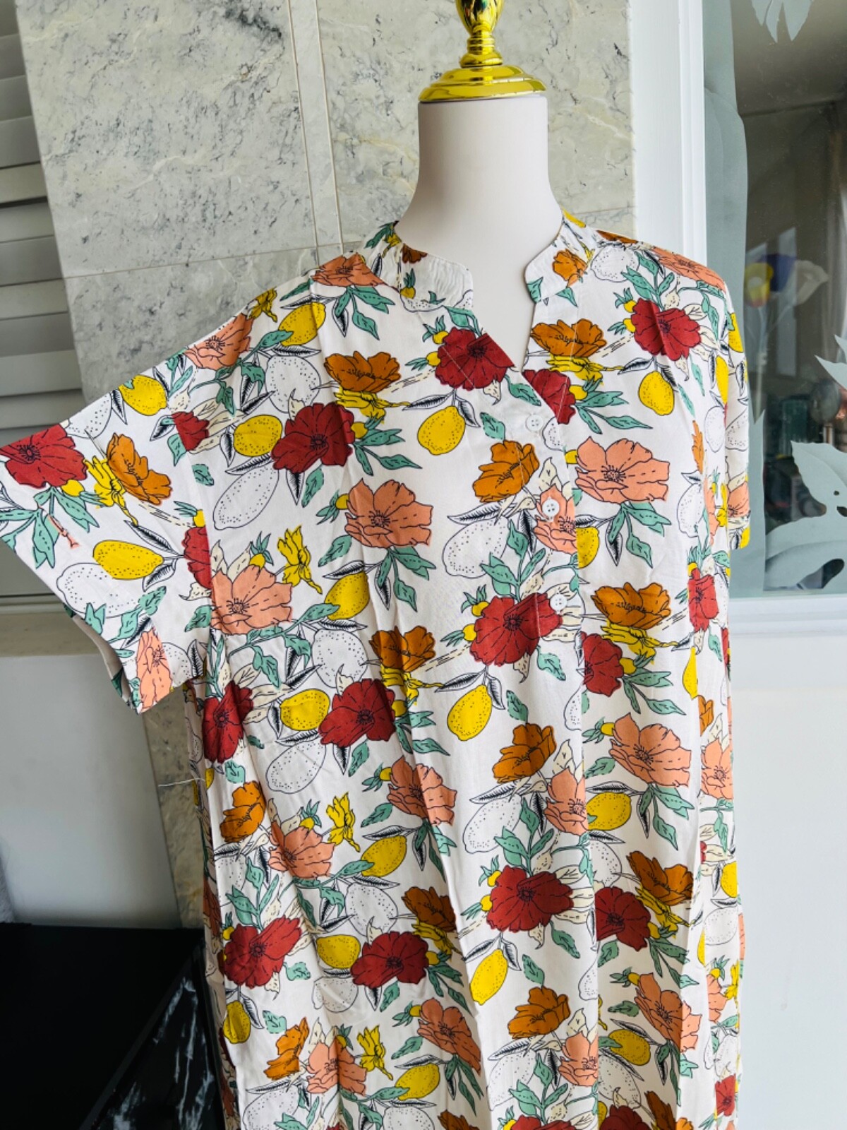 0001/ Three Buttons Mandarin Neck Dress, Lightweight, Homewear, Loose Dress