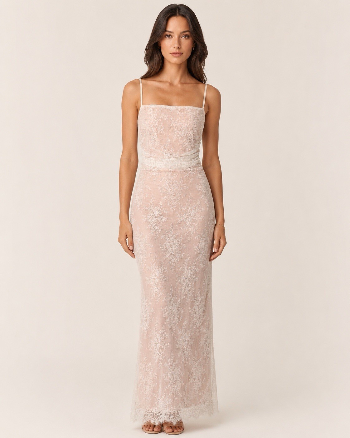 Women’s Blush Pink Ivory Lace Maxi Dress Spaghetti Strap Size Medium