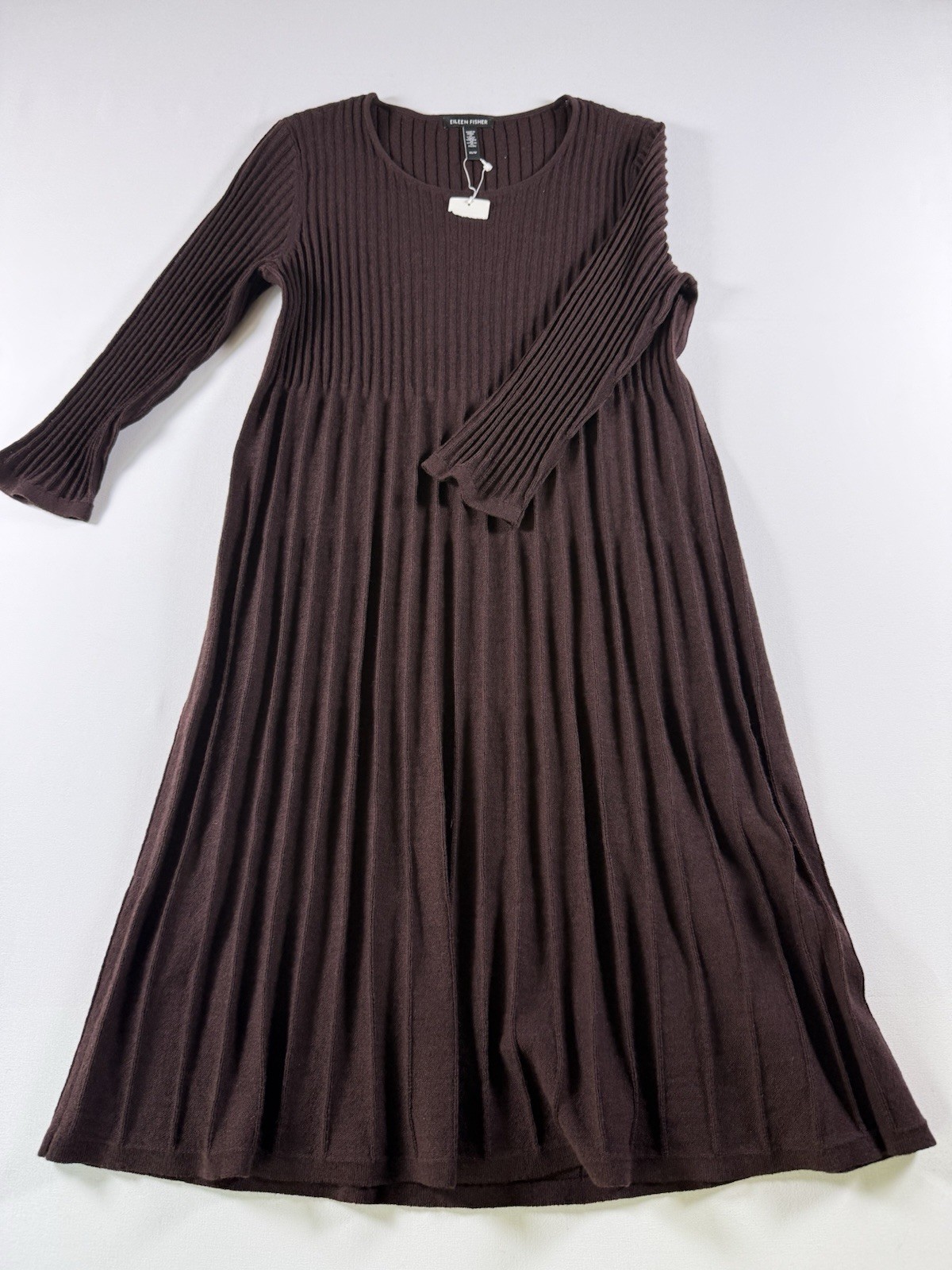 Eileen Fisher XS 100% Merino Wool Rib Knit Sweater Dress Brown Long Sleeve Midi