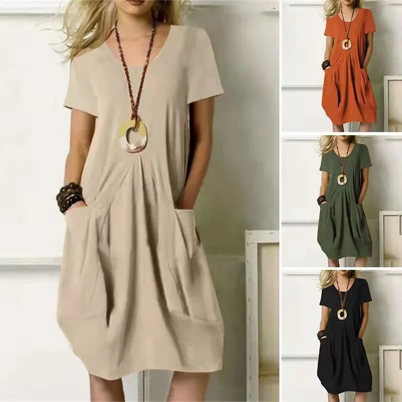 Women Round Neck Short Sleeve Double Pocket Loose Cotton Linen Knee Length Dress