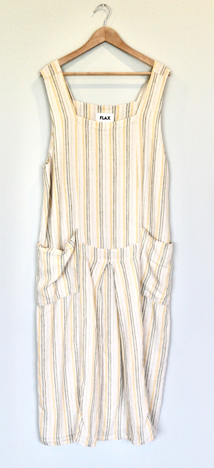FLAX Designs 100% Linen Cream Yellow Green Striped Jumper Dress, Size L Large