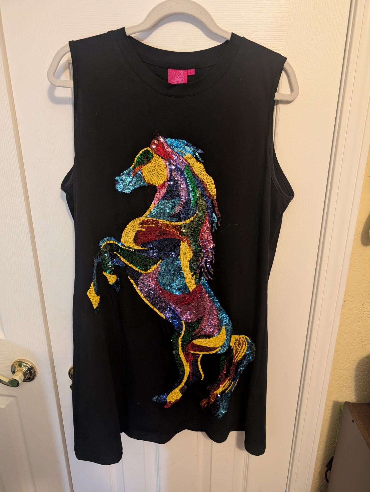 Queen of Sparkles black Tank Dress, horse pattern, size large, western,