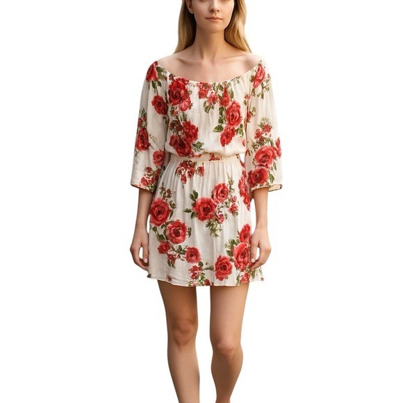BLUSH Off Shoulder Floral Mini Dress Red Roses Smocked Waist Bohemian Size S