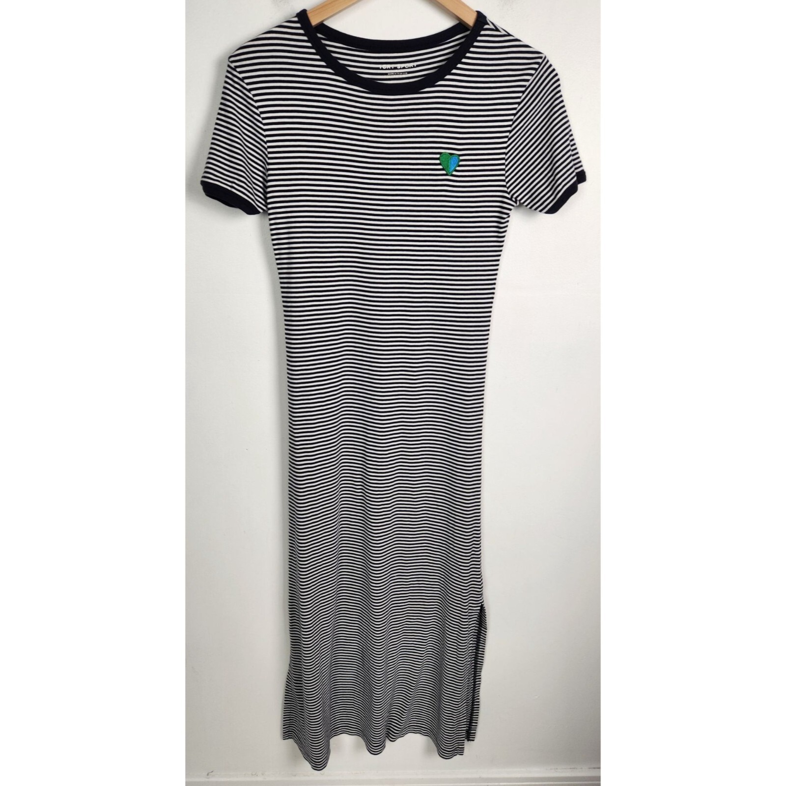 Tory Sport Women’s Sz. S Blue & White Heart Midi Stipe Stretchy Dress