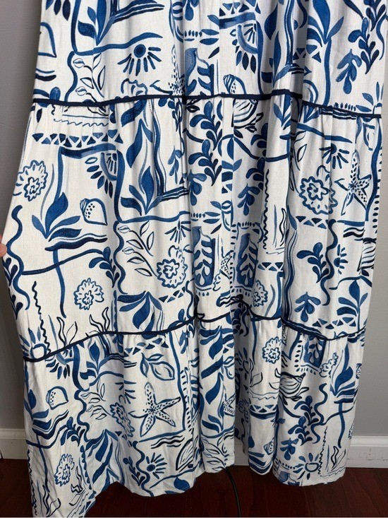 CeCe Ivory Blue Mediterranean Tile Print Tiered Maxi Dress Sz LARGE Rayon Linen