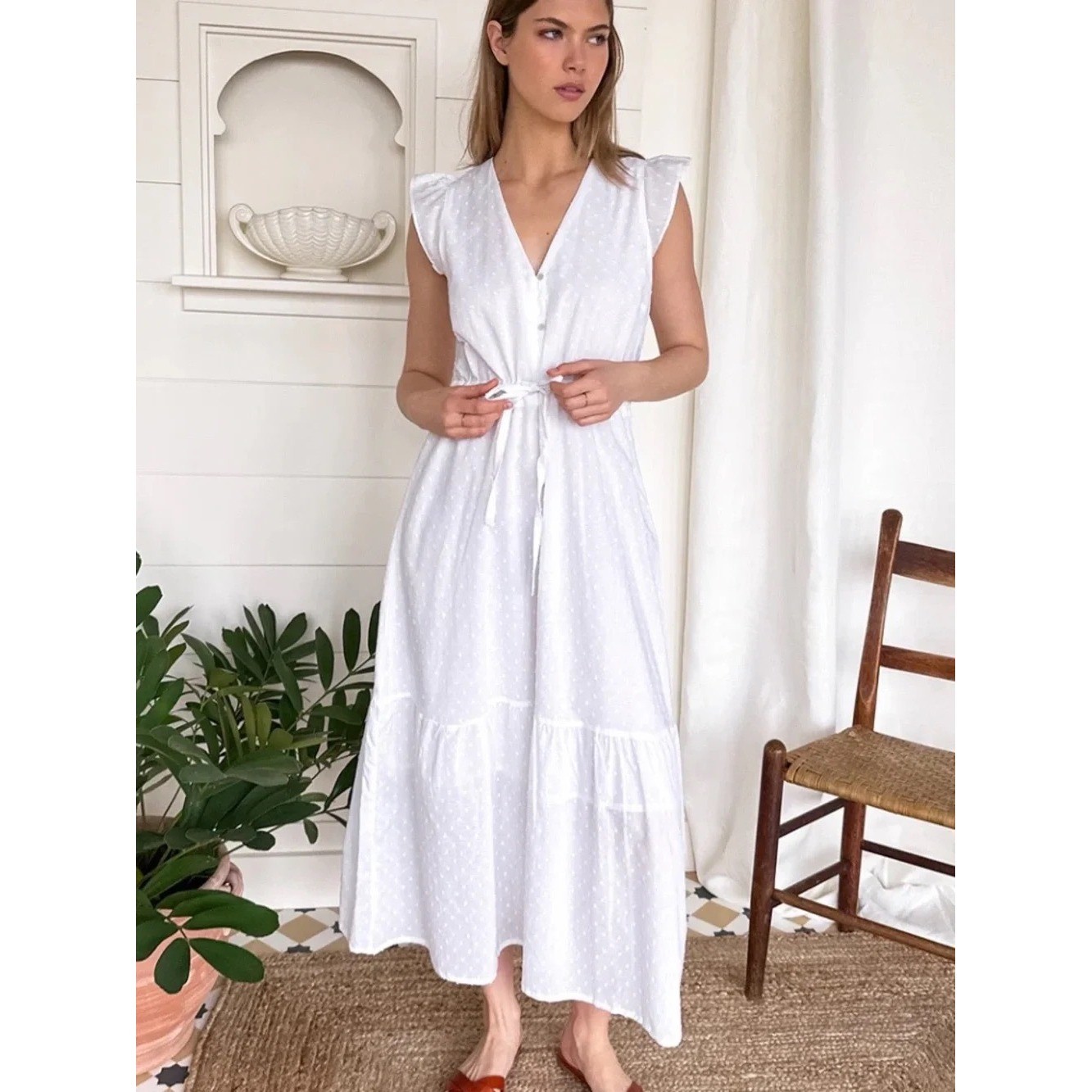 Emerson Fry India Collection White Swiss Dot Cotton Maxi Dress | Size Large