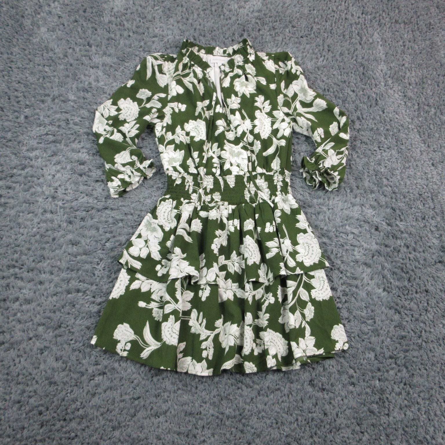 Sugarlips Dress Womens XS Green Floral Fit & Flare Short Smocked Ruffle