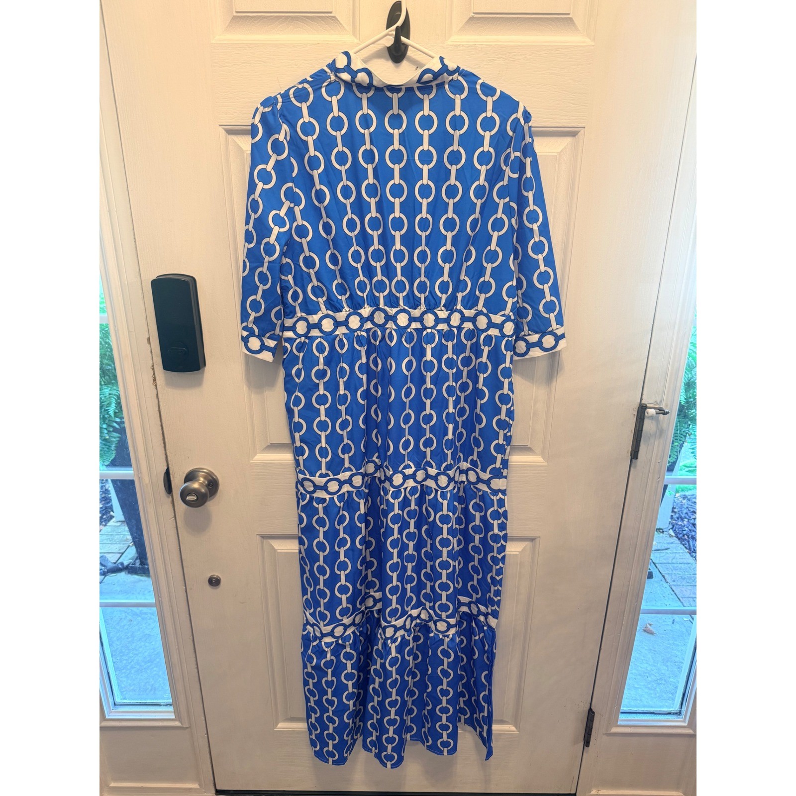 Blue White Chain Link Print Tiered Maxi Dress XL Collared Short Sleeve Geometric